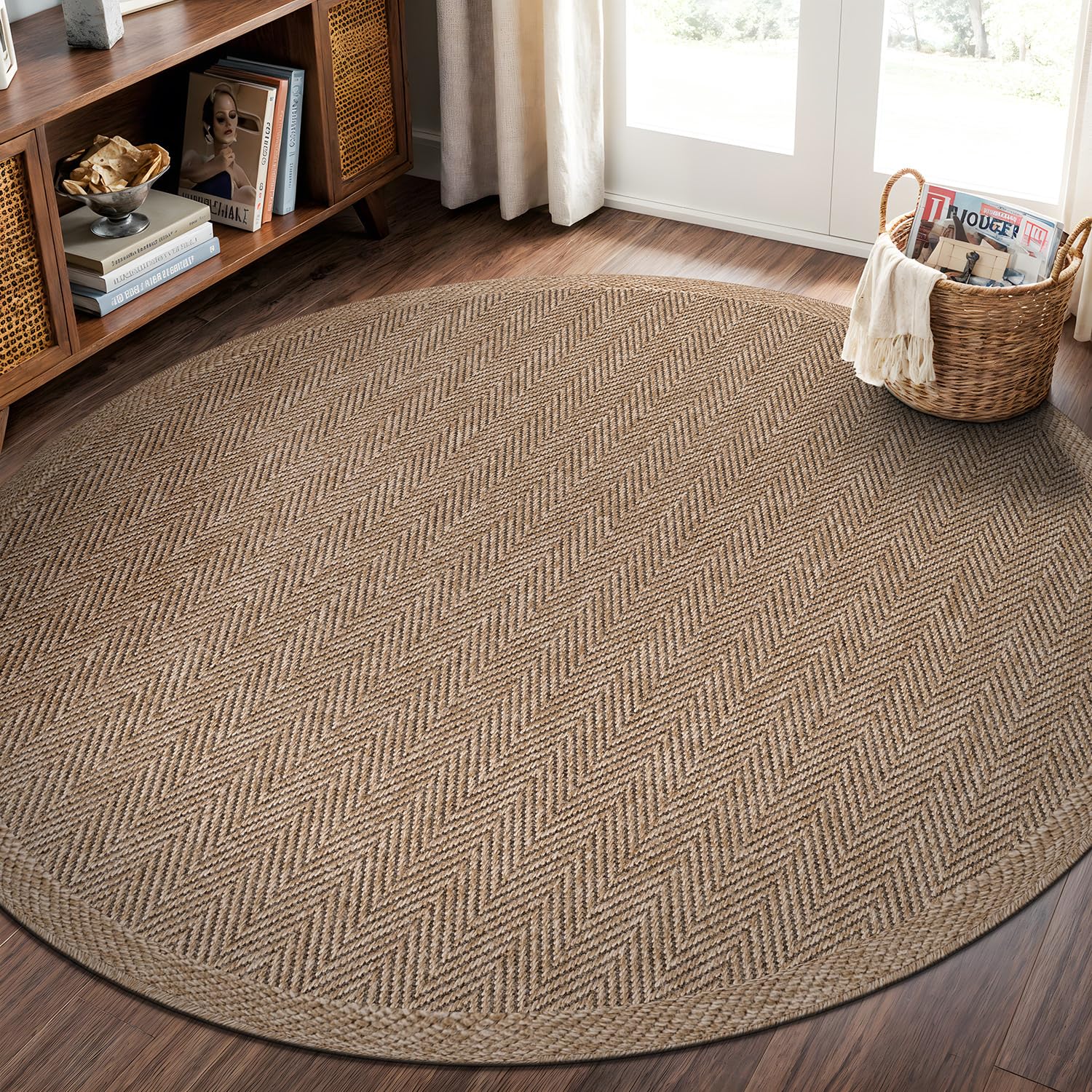 CAMILSON Easy Jute Rug 5x7, Indoor Outdoor Natural Color Fiber Area Rugs for Living Room Patio and Kitchen Rug Herringbone Seagrass Woven Design Easy-Cleaning Washable Outside Carpet Alfombras 5 x 7