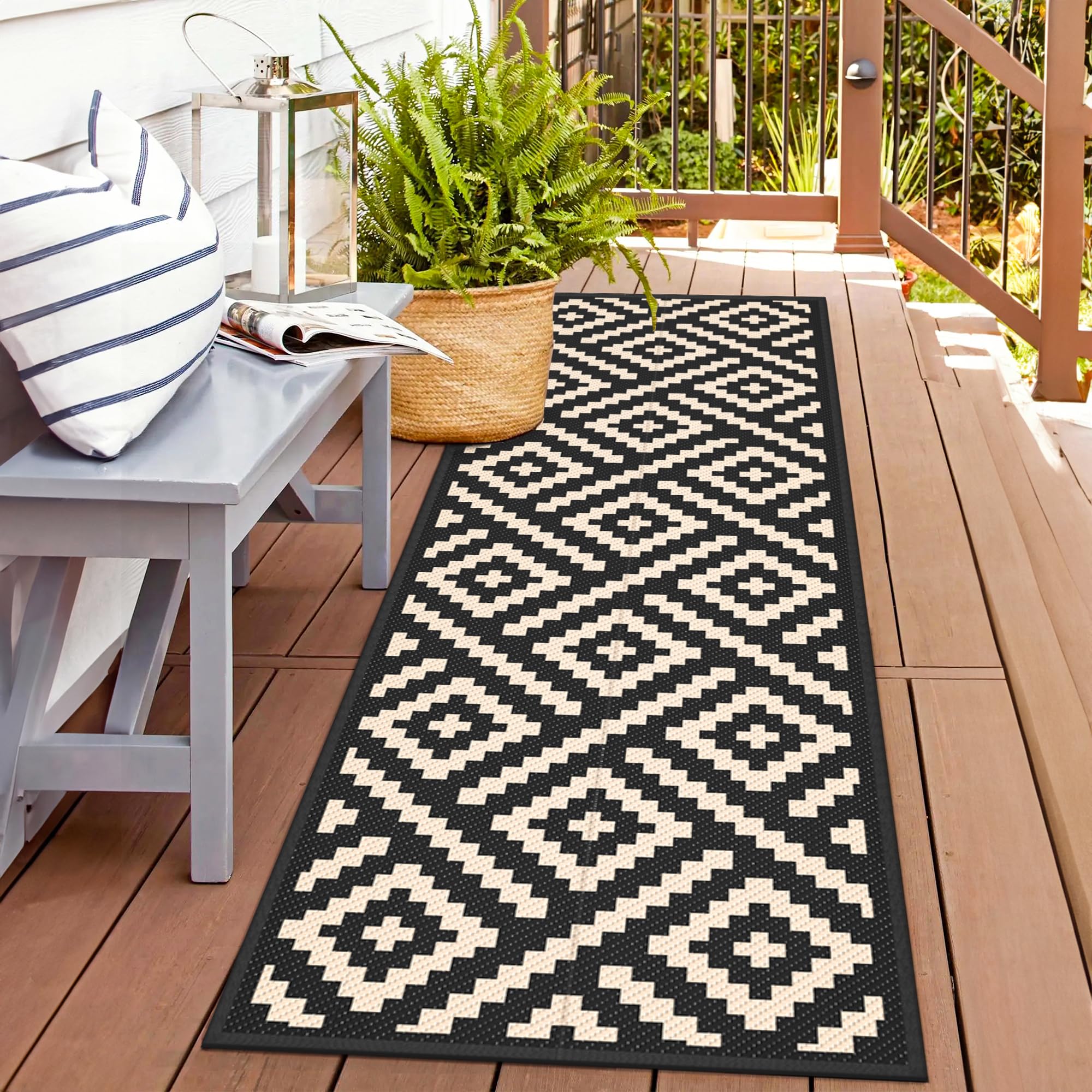 GENIMO Outdoor Rug for Patio Clearance,6'x9' Waterproof Mat,Reversible Plastic Camping Rugs,Rv,Deck,Porch,Camper,Balcony,Backyard (Black & Beige)