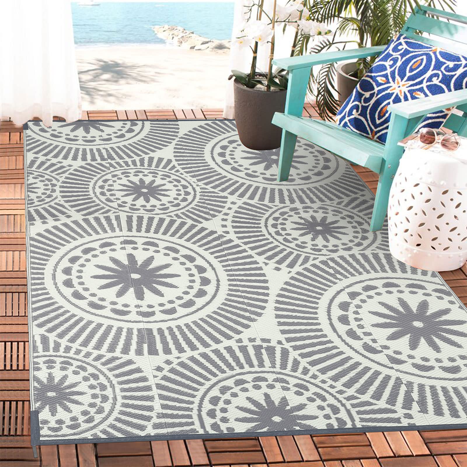 Ileading Reversible Plastic Outdoor Rug Modern Geometric Style Patio Straw Mat Waterproof Deck Carpets Non Shedding Portable Area Rugs for RV Beach Backyard Outside Pool Picnic Camping(6'x9'Grey)