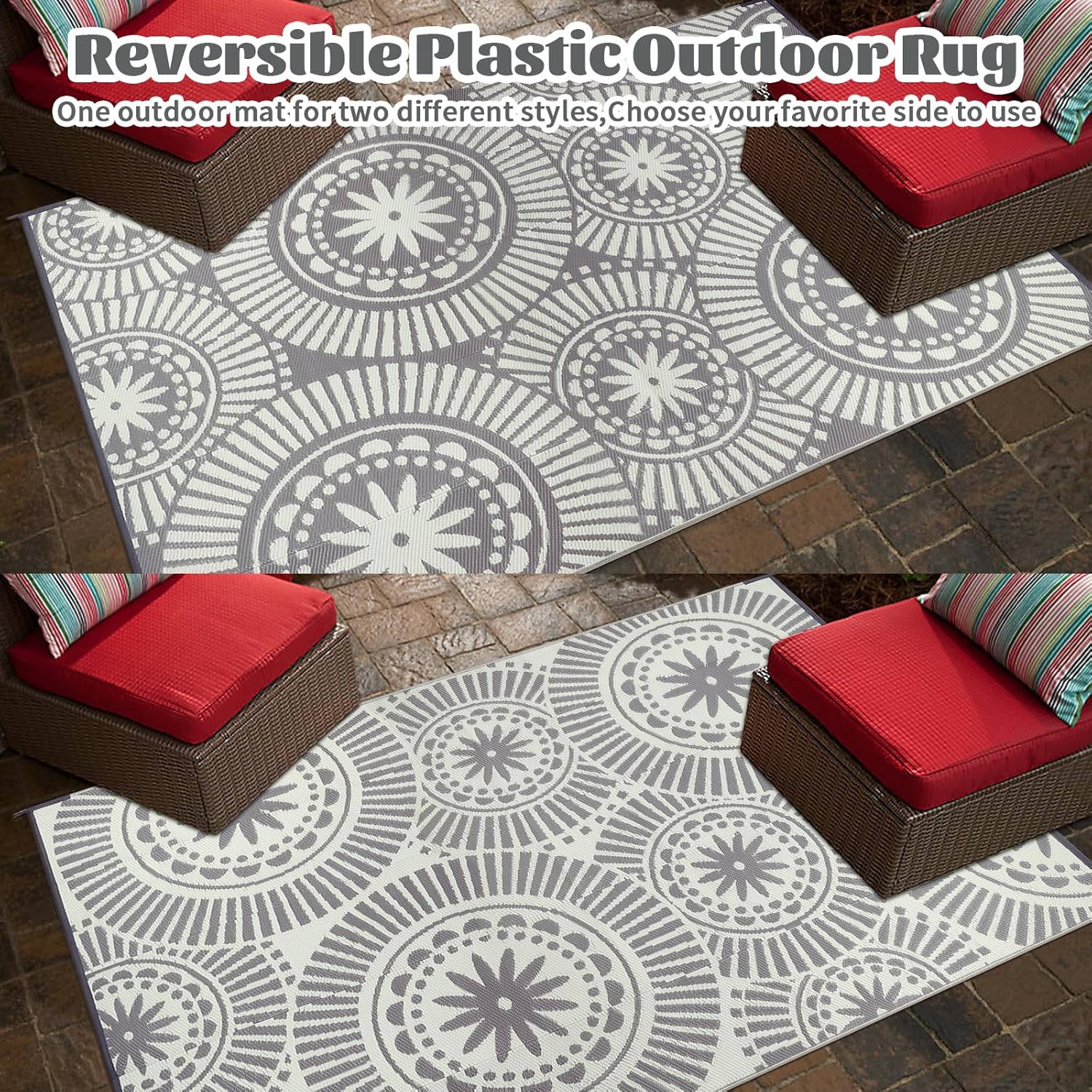 Ileading Reversible Plastic Outdoor Rug Modern Geometric Style Patio Straw Mat Waterproof Deck Carpets Non Shedding Portable Area Rugs for RV Beach Backyard Outside Pool Picnic Camping(6'x9'Grey)