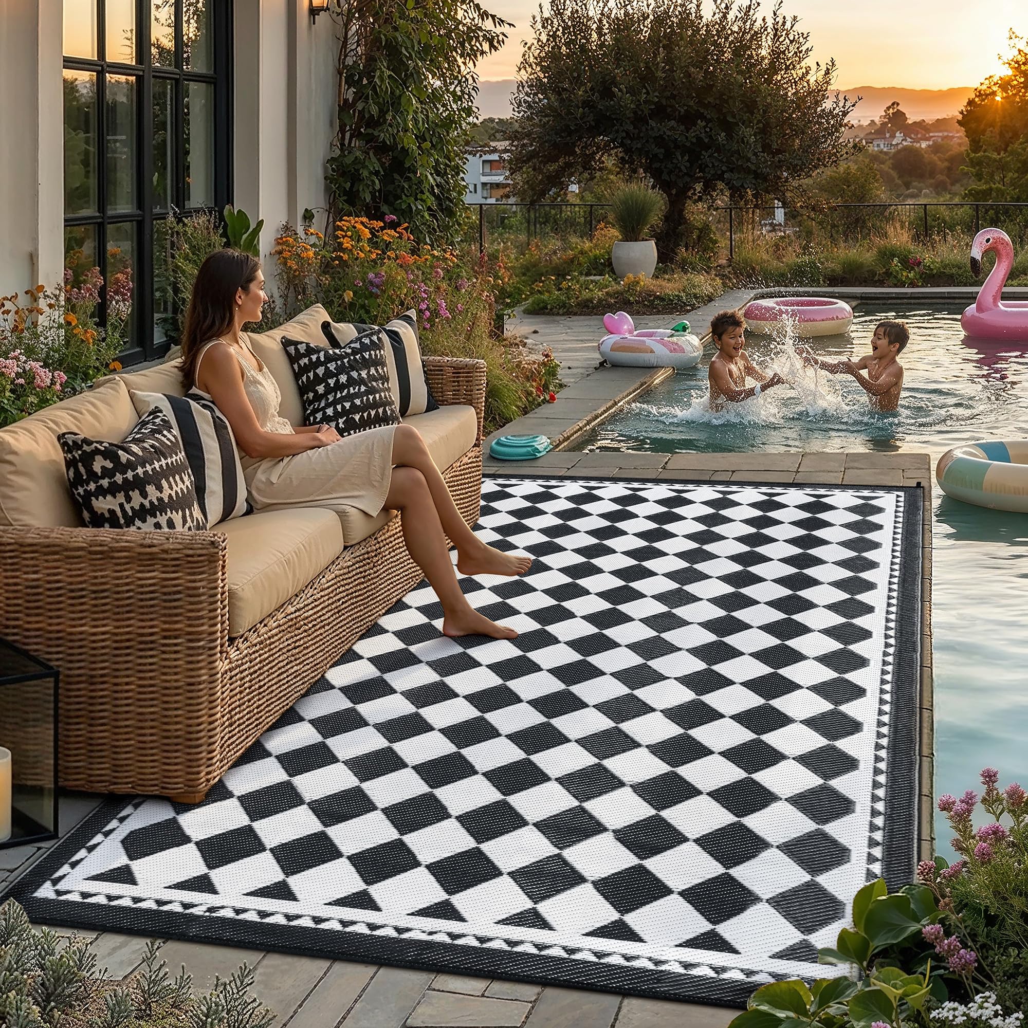 HUGEAR Outdoor Rug for Patios Clearance,Waterproof Mat,Large Outside Carpet,Reversible Plastic Straw Camping Rugs,Rv,Porch,Deck,Camper,Balcony,Backyard (9x12,Checkered/Black&Beige)