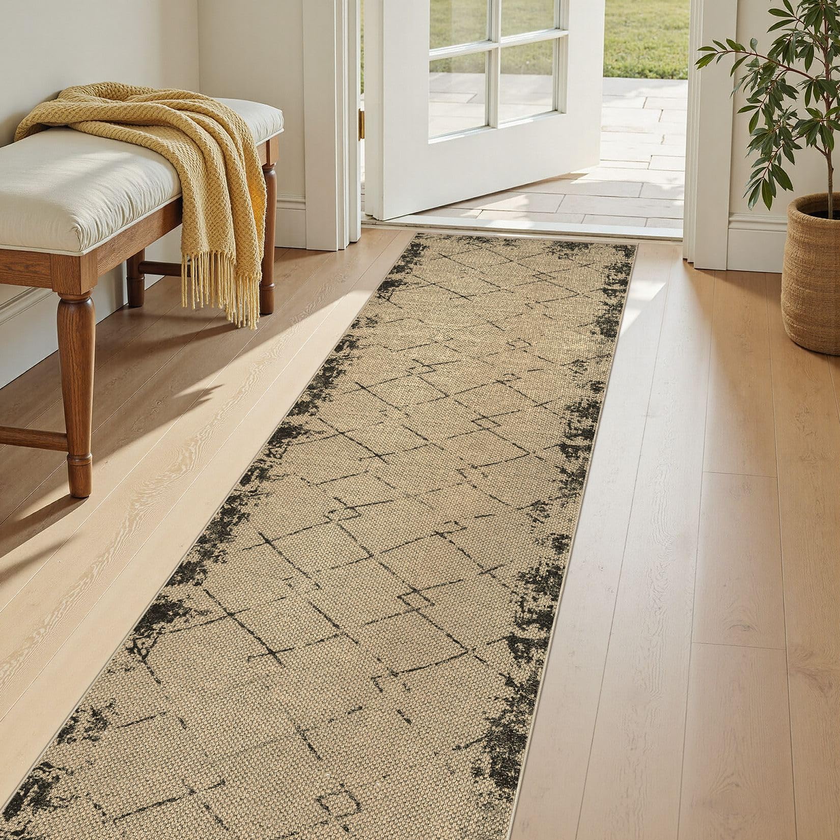 5x7 Outdoor Jute Area Rug Patio, Farmhouse Rugs for Living Room Backyard Machine Washable Non Slip, Pet Friendly Indoor Geometric Carpet for Dining Room - Brown