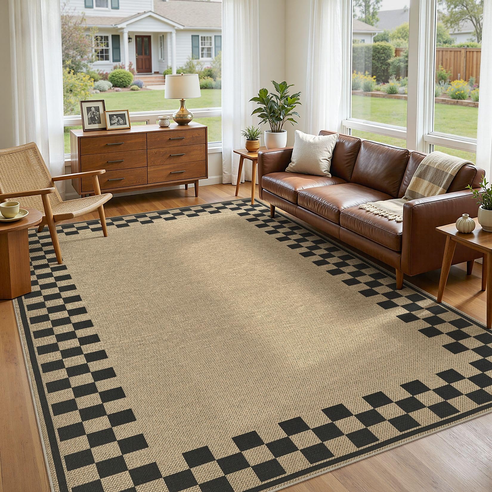 5x7 Outdoor Jute Area Rug Patio, Farmhouse Rugs for Living Room Backyard Machine Washable Non Slip, Pet Friendly Indoor Geometric Carpet for Dining Room - Brown