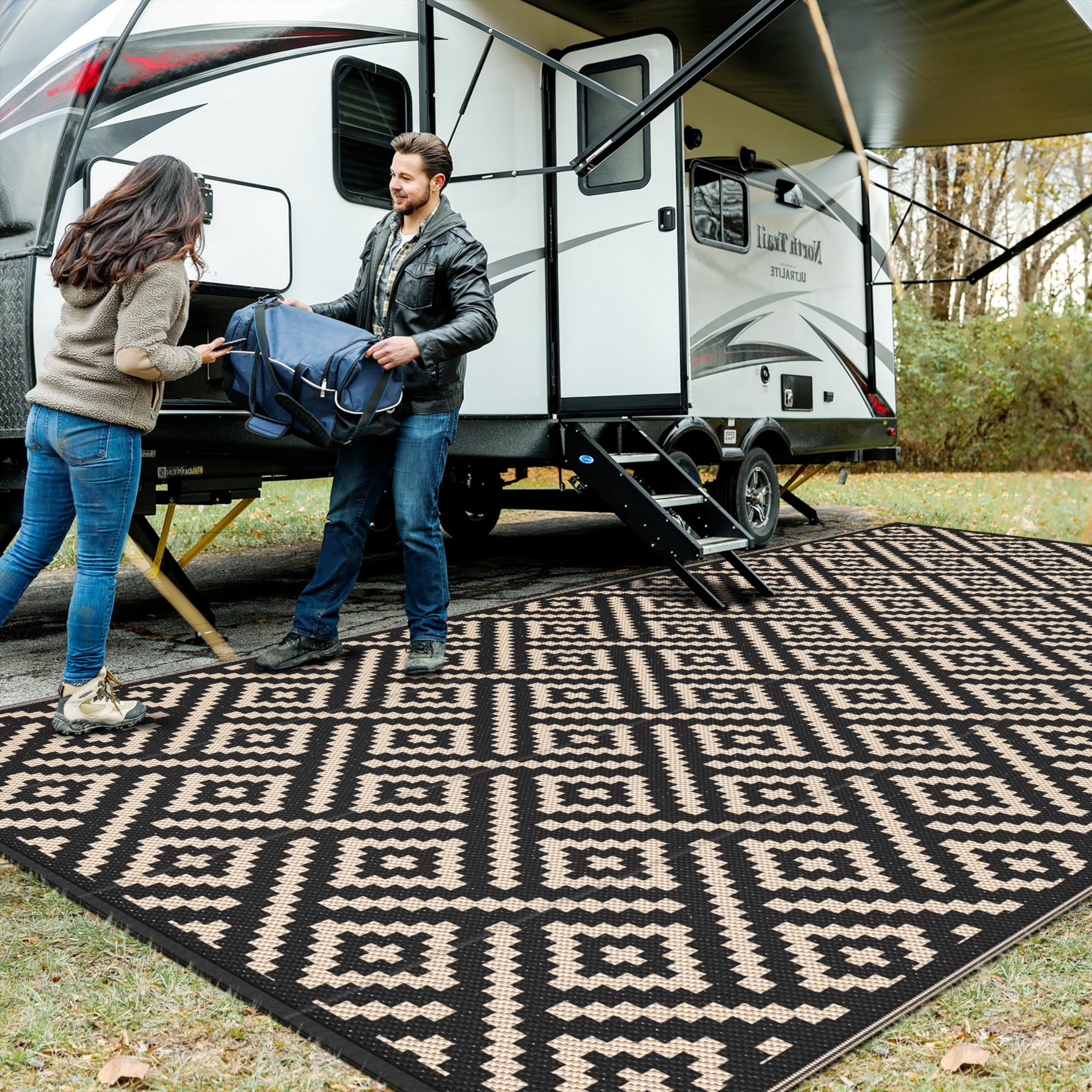 GENIMO Outdoor Rug for Patio Clearance,6'x9' Waterproof Mat,Reversible Plastic Camping Rugs,Rv,Deck,Porch,Camper,Balcony,Backyard (Black & Beige)