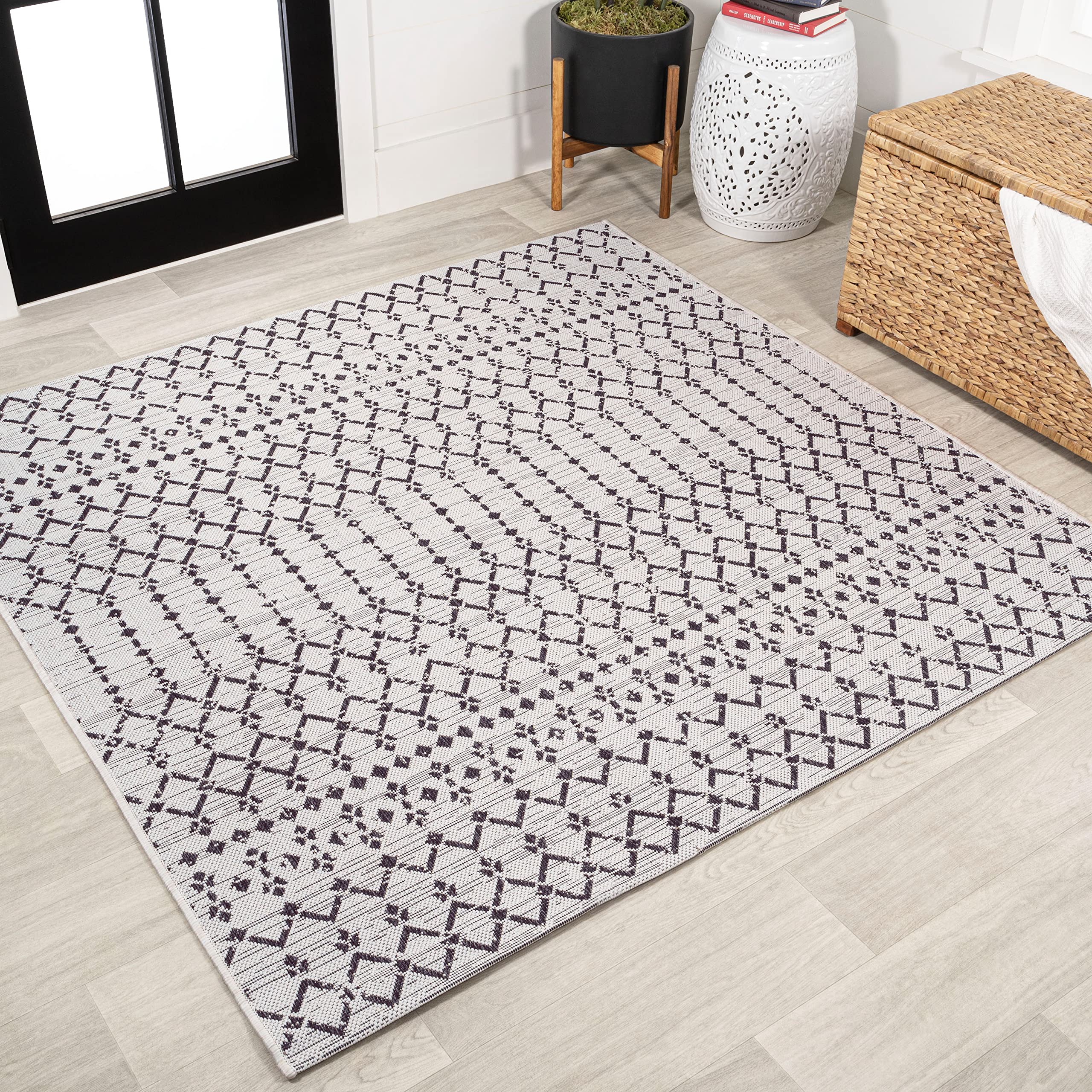 JONATHAN Y Moroccan Geometric Indoor Outdoor Area Rug 8X10 Navy/Light Gray, Ourika Textured Weave for Backyard, Patio, Porch, Easy-Cleaning, High Traffic, Pet-Friendly, Non-Shedding (SMB108B-8)