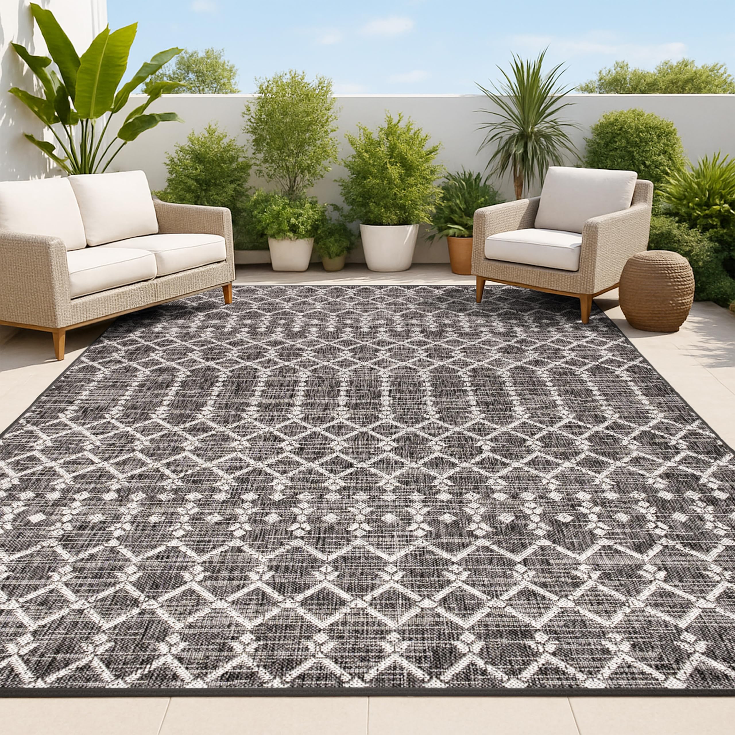 JONATHAN Y Moroccan Geometric Indoor Outdoor Area Rug 8X10 Navy/Light Gray, Ourika Textured Weave for Backyard, Patio, Porch, Easy-Cleaning, High Traffic, Pet-Friendly, Non-Shedding (SMB108B-8)