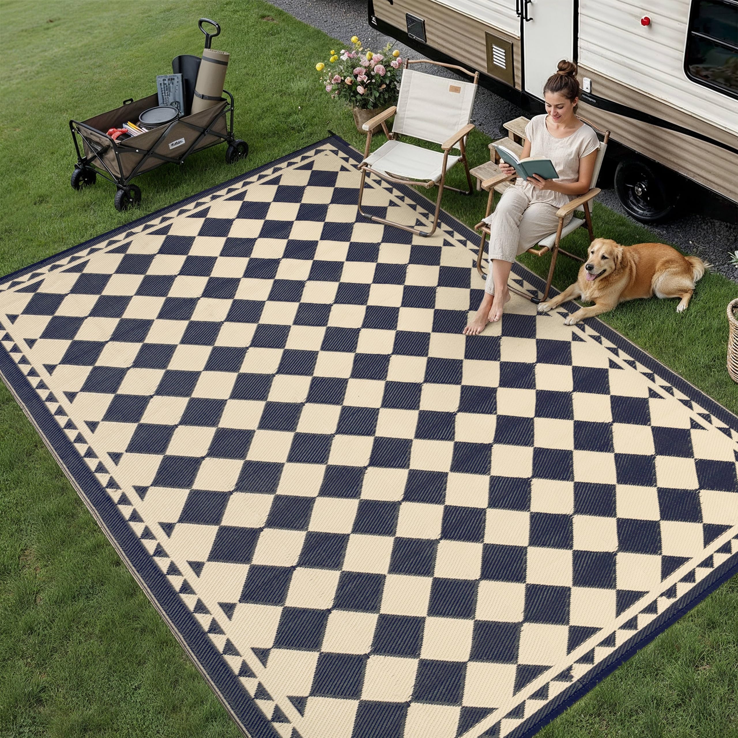 HUGEAR Outdoor Rug for Patios Clearance,Waterproof Mat,Large Outside Carpet,Reversible Plastic Straw Camping Rugs,Rv,Porch,Deck,Camper,Balcony,Backyard (9x12,Checkered/Black&Beige)