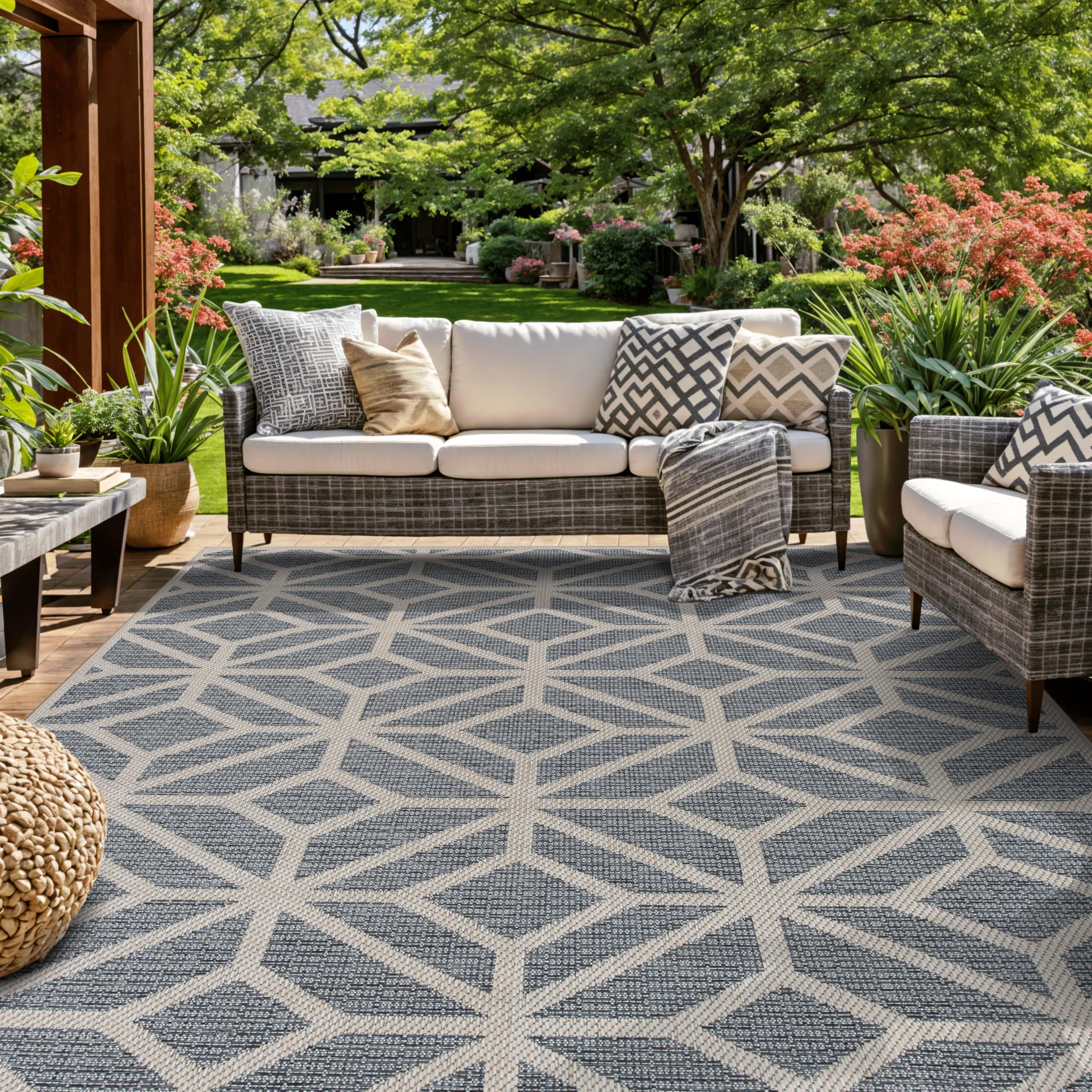 Rugshop Blue Contemporary Geometric Indoor/Outdoor Area Rug — Hose Washable for Living Room, Dining Room and Office, 7'10" x 10'