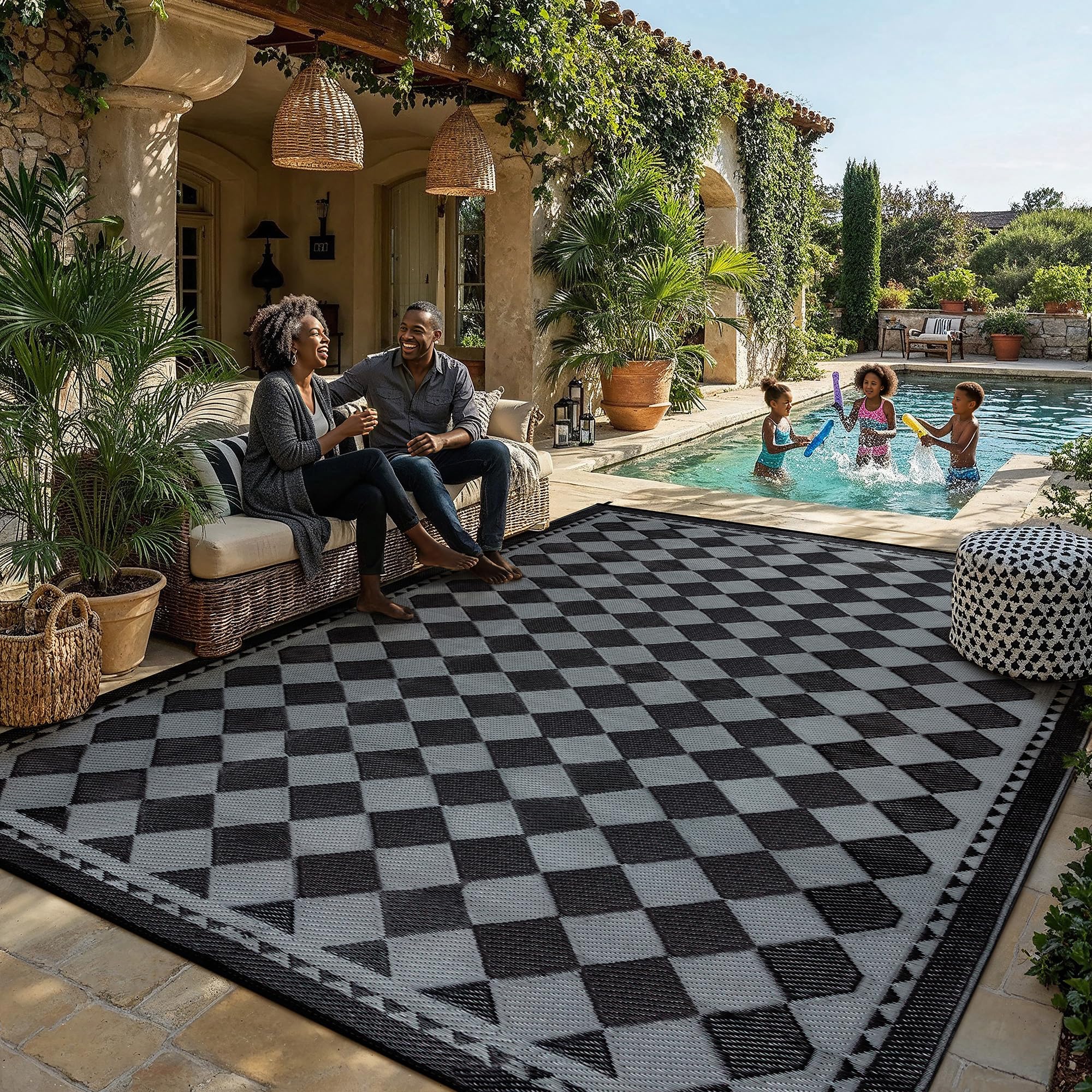 HUGEAR Outdoor Rug for Patios Clearance,Waterproof Mat,Large Outside Carpet,Reversible Plastic Straw Camping Rugs,Rv,Porch,Deck,Camper,Balcony,Backyard (9x12,Checkered/Black&Beige)