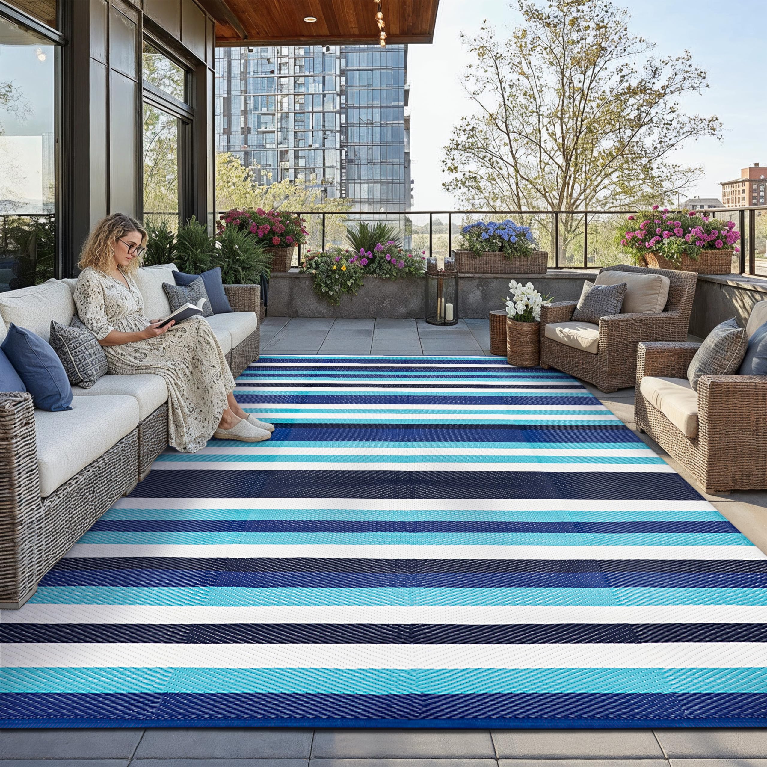 HUGEAR Outdoor Rug for Patios Clearance,Waterproof Mat,Large Outside Carpet,Reversible Plastic Straw Camping Rugs,Rv,Porch,Deck,Camper,Balcony,Backyard (9x12,Checkered/Black&Beige)