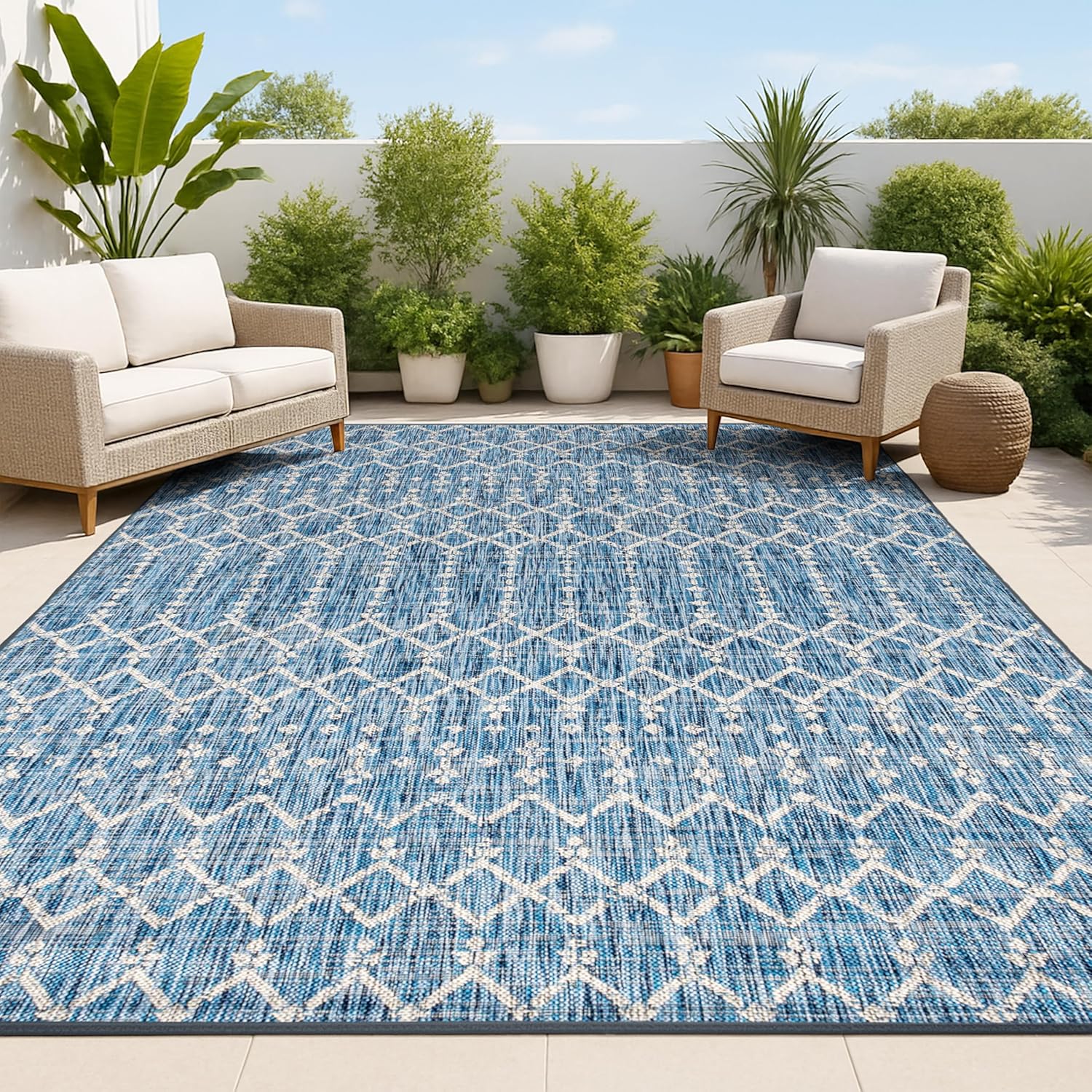 JONATHAN Y Moroccan Geometric Indoor Outdoor Area Rug 8X10 Navy/Light Gray, Ourika Textured Weave for Backyard, Patio, Porch, Easy-Cleaning, High Traffic, Pet-Friendly, Non-Shedding (SMB108B-8)