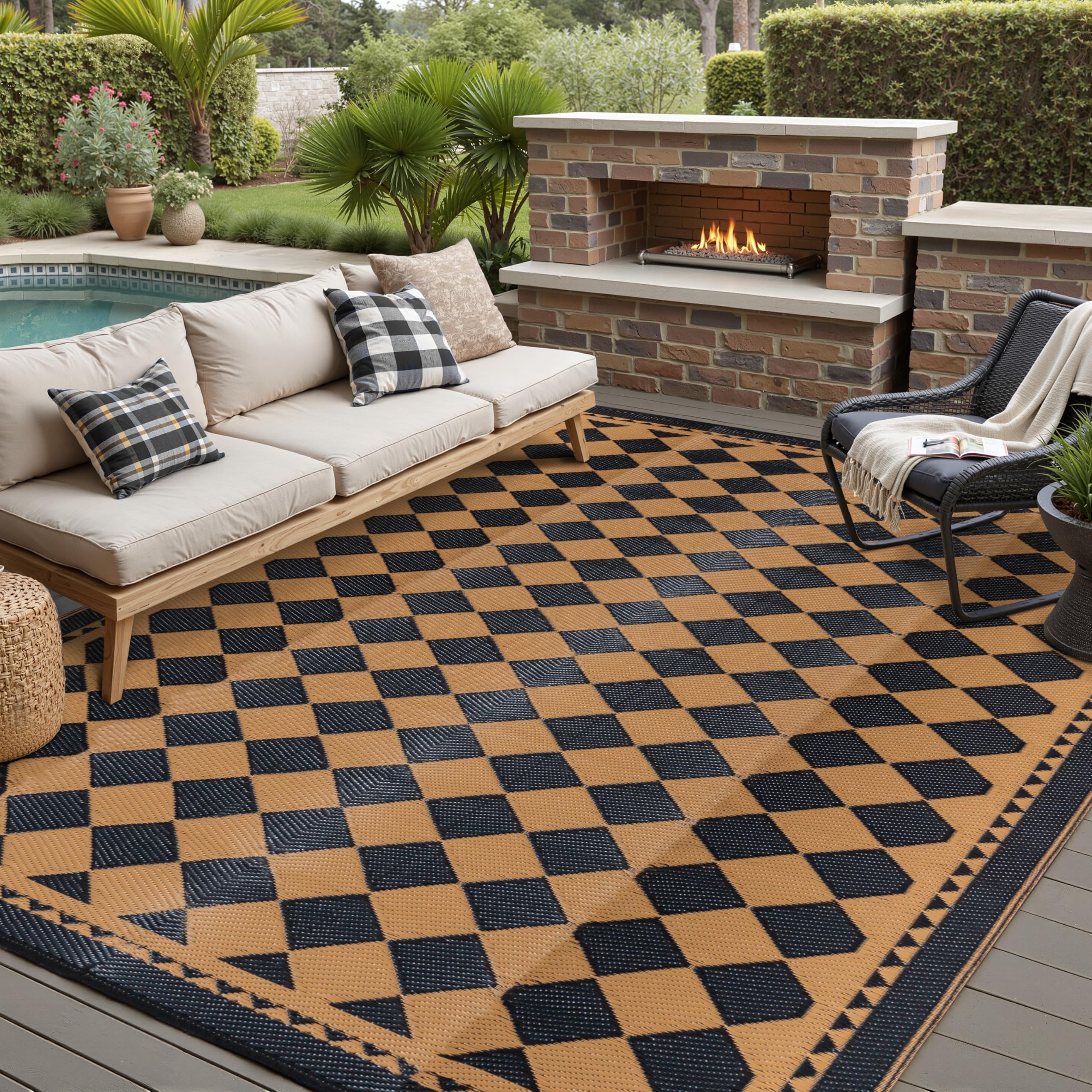 HUGEAR Outdoor Rug for Patios Clearance,Waterproof Mat,Large Outside Carpet,Reversible Plastic Straw Camping Rugs,Rv,Porch,Deck,Camper,Balcony,Backyard (9x12,Checkered/Black&Beige)