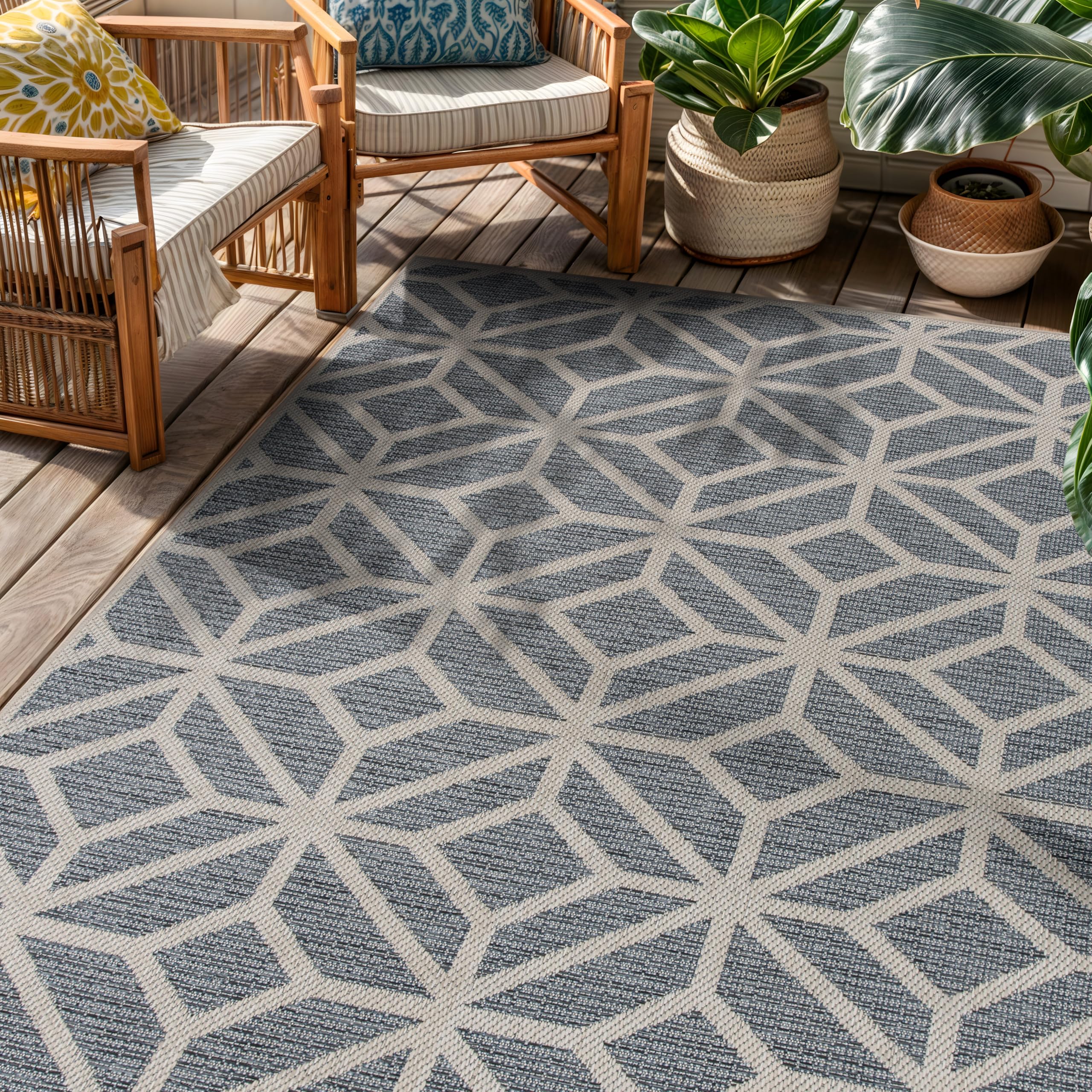 Rugshop Blue Contemporary Geometric Indoor/Outdoor Area Rug — Hose Washable for Living Room, Dining Room and Office, 7'10" x 10'