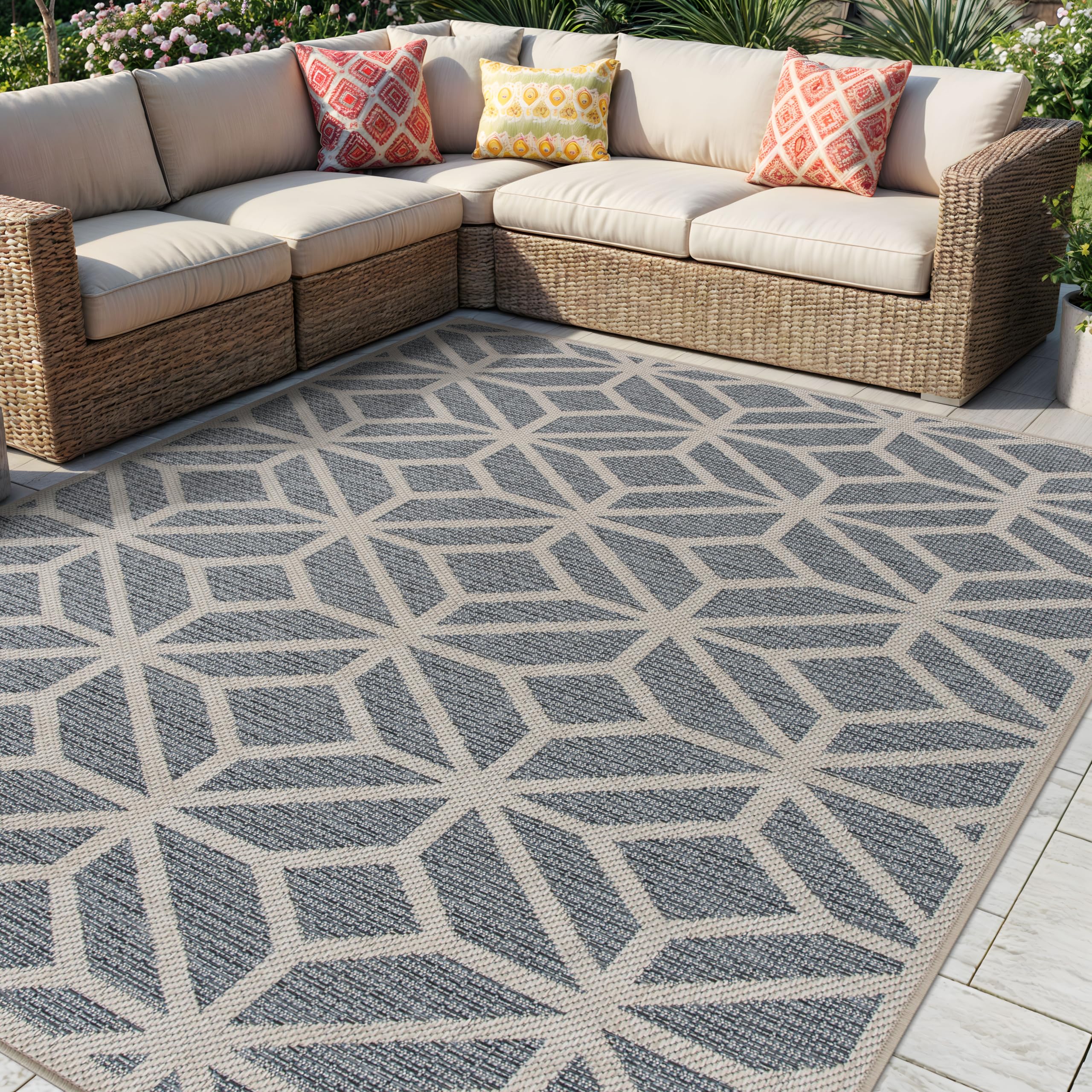 Rugshop Blue Contemporary Geometric Indoor/Outdoor Area Rug — Hose Washable for Living Room, Dining Room and Office, 7'10" x 10'