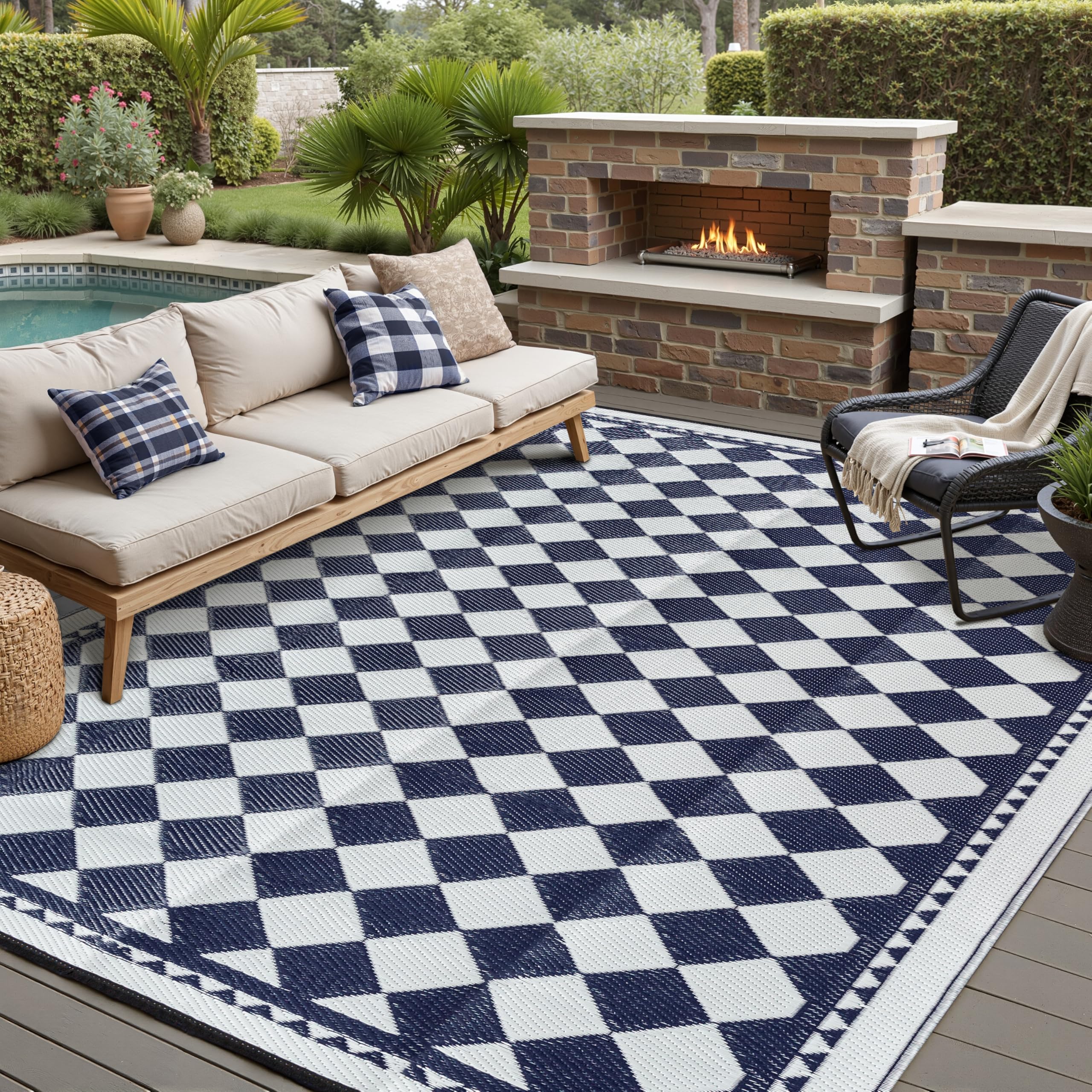 HUGEAR Outdoor Rug for Patios Clearance,Waterproof Mat,Large Outside Carpet,Reversible Plastic Straw Camping Rugs,Rv,Porch,Deck,Camper,Balcony,Backyard (9x12,Checkered/Black&Beige)