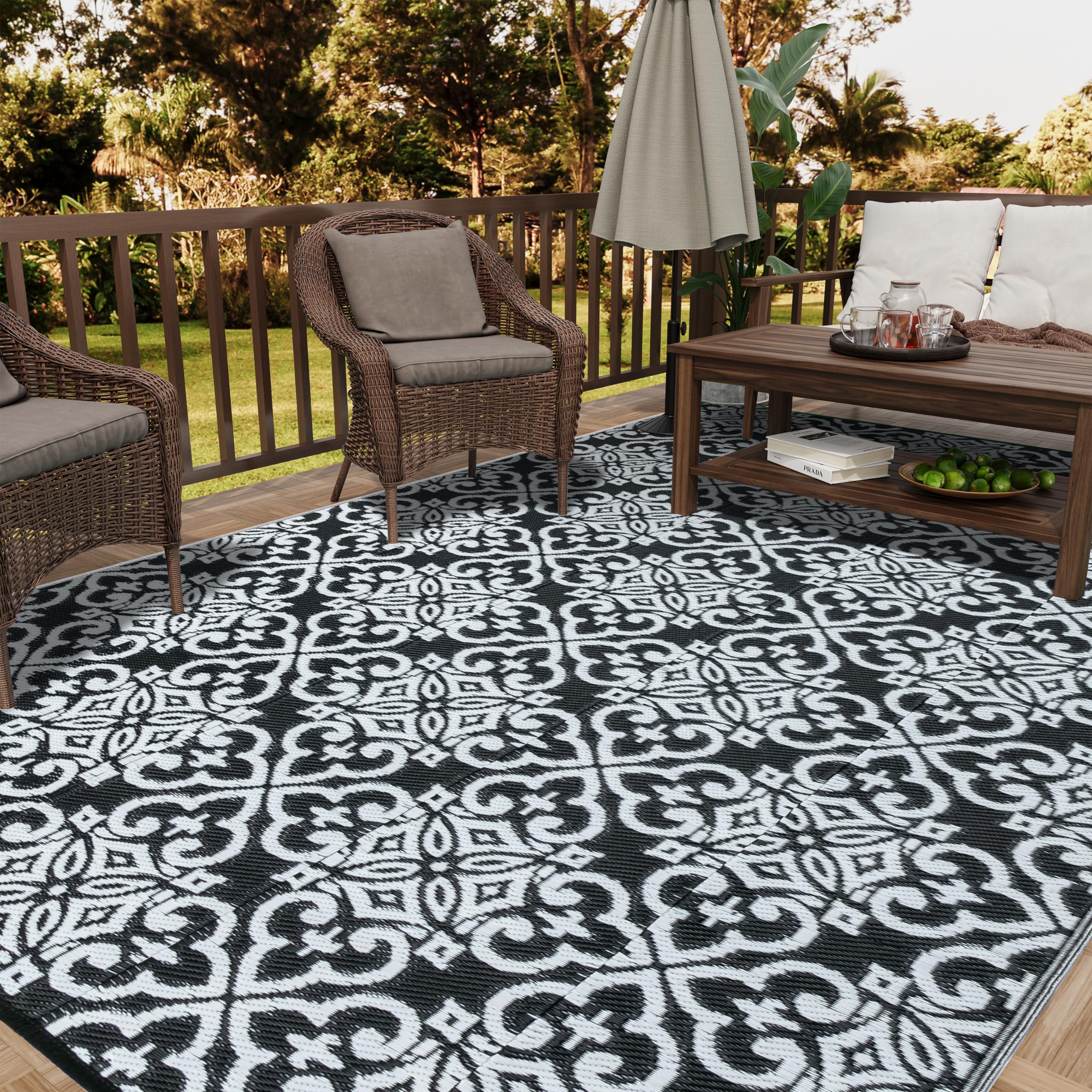 HUGEAR Outdoor Rug for Patios Clearance,Waterproof Mat,Large Outside Carpet,Reversible Plastic Straw Camping Rugs,Rv,Porch,Deck,Camper,Balcony,Backyard (9x12,Checkered/Black&Beige)