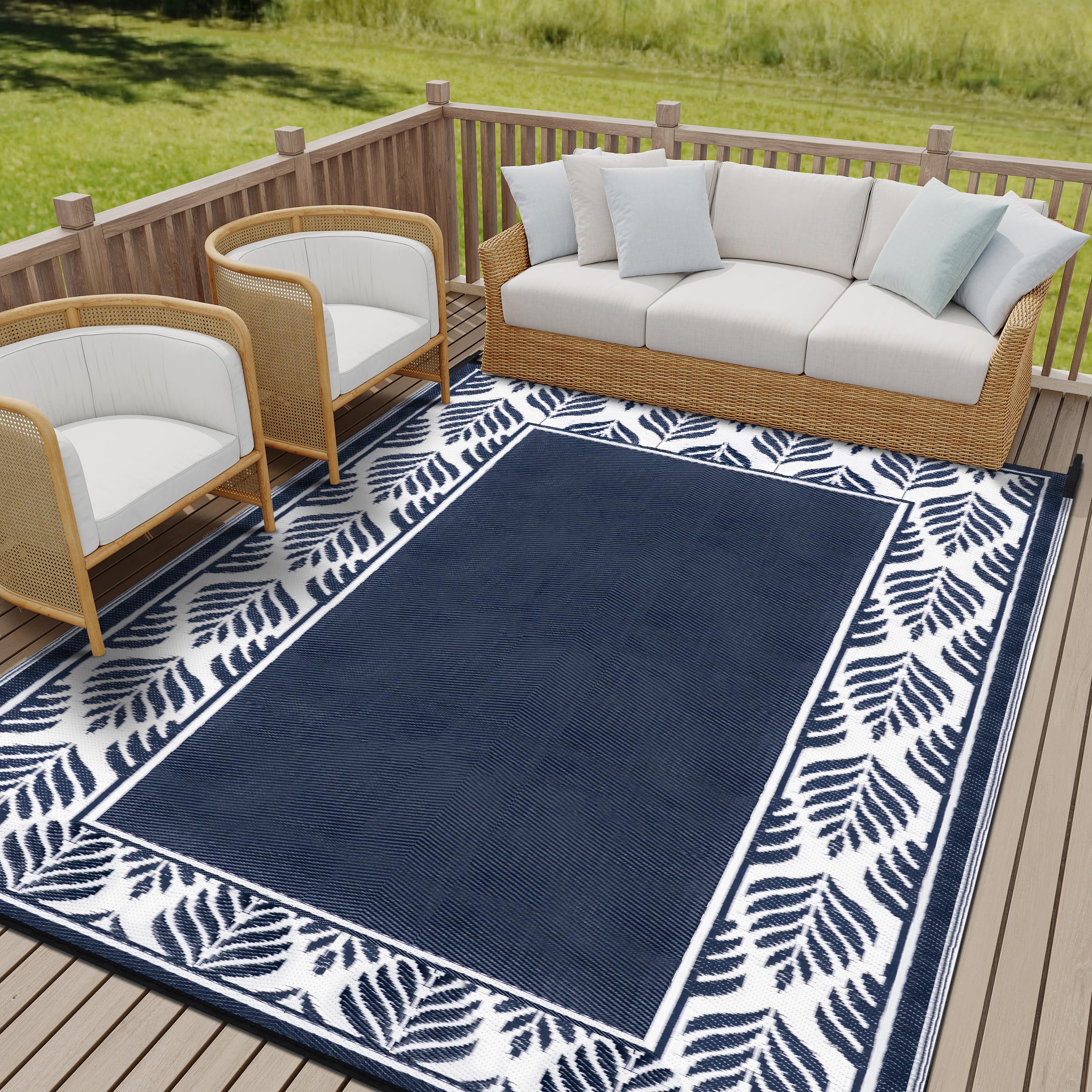 HUGEAR Outdoor Rug for Patios Clearance,Waterproof Mat,Large Outside Carpet,Reversible Plastic Straw Camping Rugs,Rv,Porch,Deck,Camper,Balcony,Backyard (9x12,Checkered/Black&Beige)