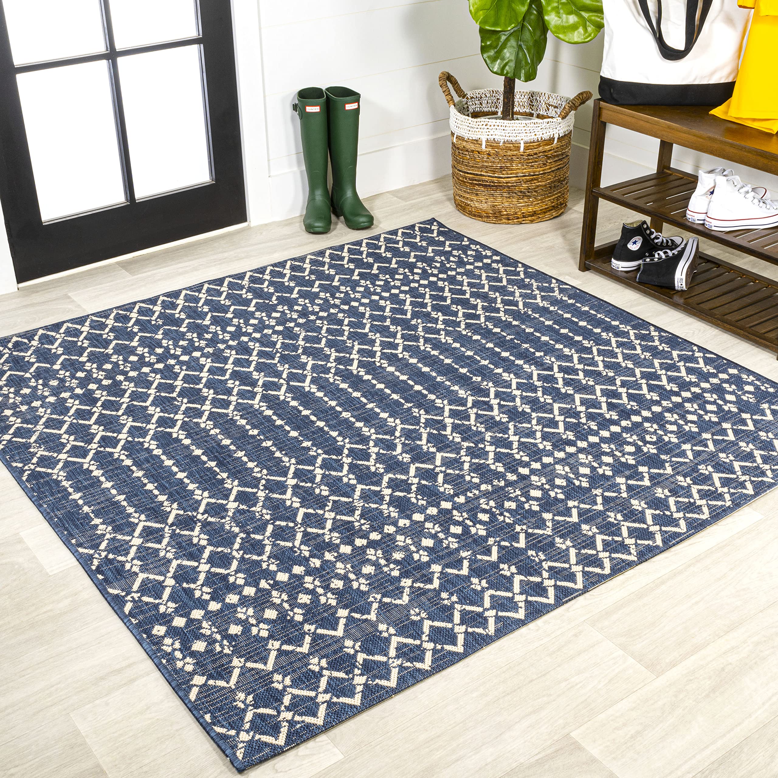 JONATHAN Y Moroccan Geometric Indoor Outdoor Area Rug 5X8 Natural/Black, Ourika Textured Weave for Backyard, Patio, Porch, Easy-Cleaning, High Traffic, Pet-Friendly, Non-Shedding (SMB108D-5)