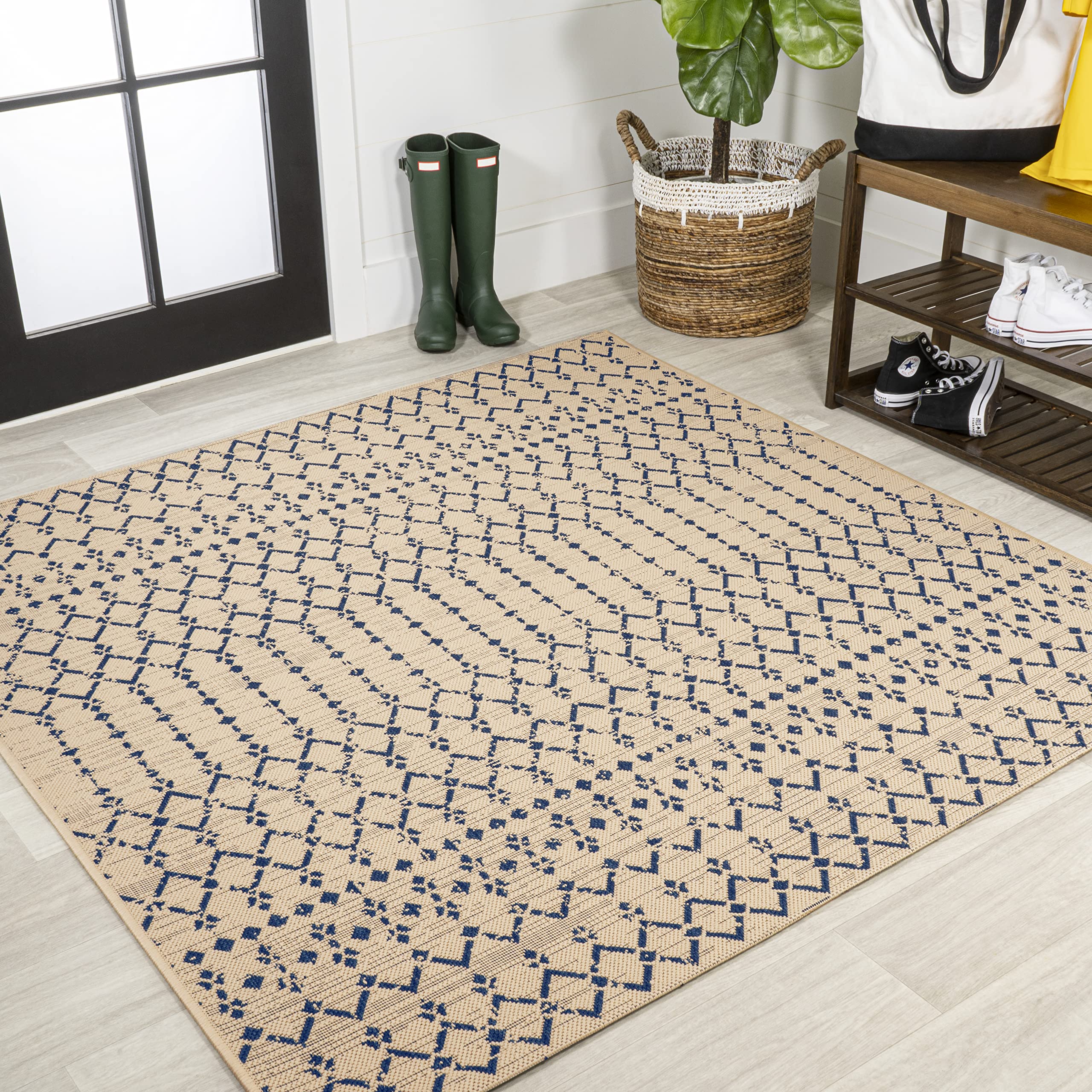 JONATHAN Y Moroccan Geometric Indoor Outdoor Area Rug 8X10 Navy/Light Gray, Ourika Textured Weave for Backyard, Patio, Porch, Easy-Cleaning, High Traffic, Pet-Friendly, Non-Shedding (SMB108B-8)