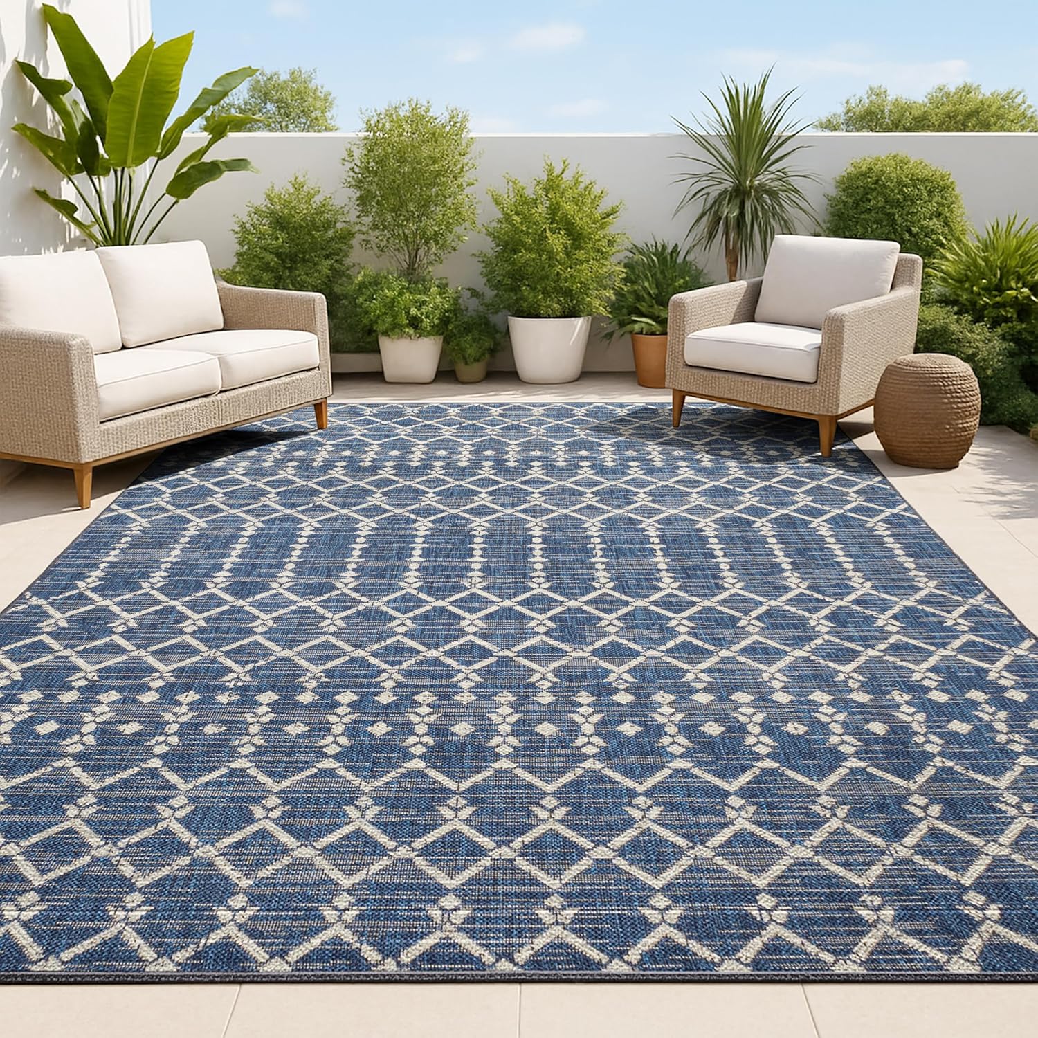 JONATHAN Y Moroccan Geometric Indoor Outdoor Area Rug 8X10 Navy/Light Gray, Ourika Textured Weave for Backyard, Patio, Porch, Easy-Cleaning, High Traffic, Pet-Friendly, Non-Shedding (SMB108B-8)